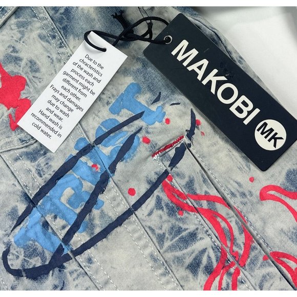 Makobi Men Small Denim Jean Jacket Acid Wash Light Blue Painted Distressed M1052 - Picture 9 of 11